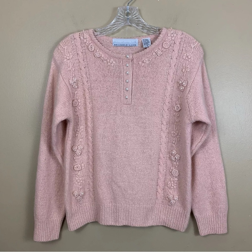 Vintage Bramble Lane Sweater Womens Medium Pink Floral Knit Pearls Soft Wool 90s